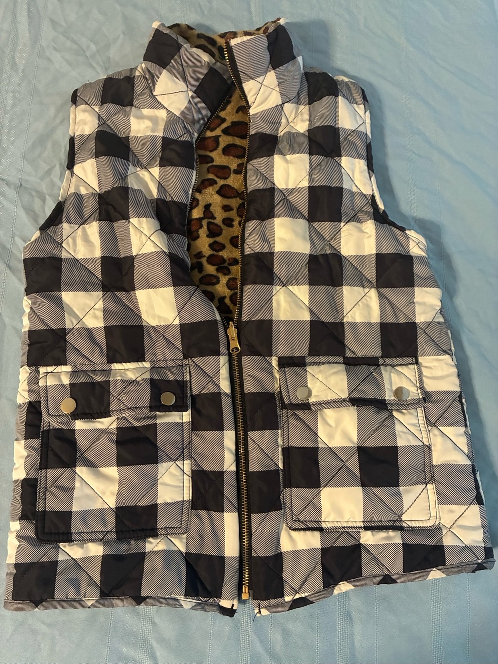 Girl’s Plaid Quilted Vest with Leopard Lining
